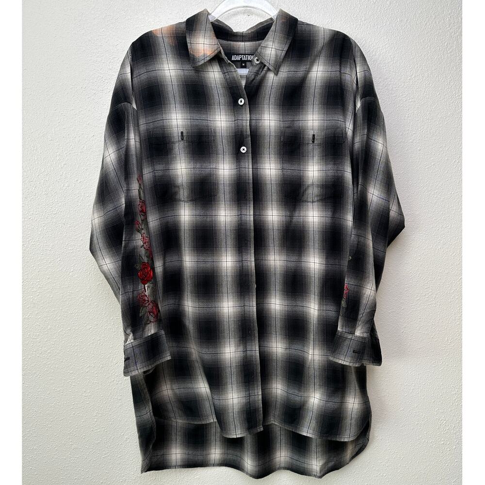 Adaptation Rose Embroidered Plaid Longline Shirt Dress Black White M - Picture 2 of 16